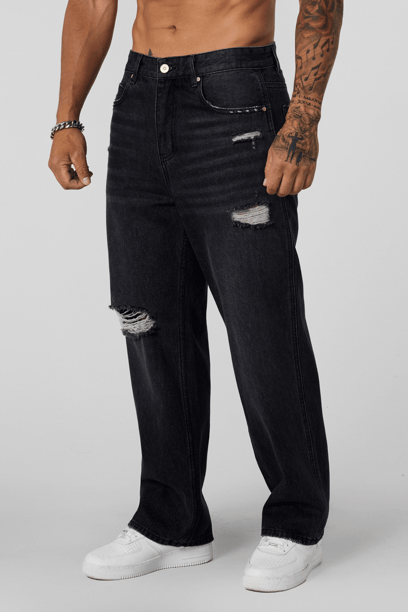 Youngla 6025 - Straight Fit Ripped Jeans Black Wash